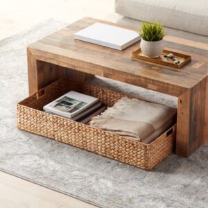 Woven Water Hyacinth Storage Bin with Handles – Under Table Organizer & Ottoman Tray