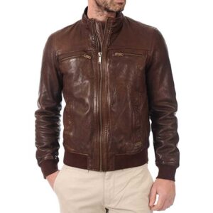 John Hunter Men’s Brown Lambskin Leather Bomber Motorcycle Jacket/Gloria Leather