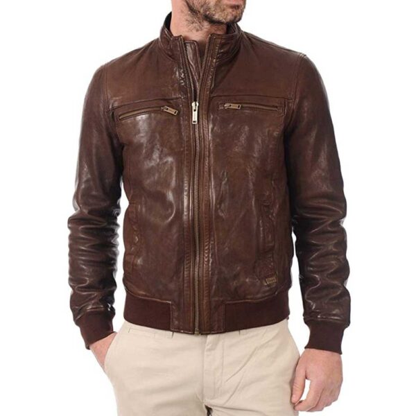 John Hunter Men’s Brown Lambskin Leather Bomber Motorcycle Jacket/Gloria Leather